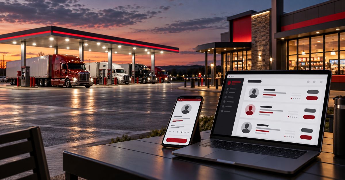 Highway travel center at dusk with a laptop and phone showing a website and hiring dashboard