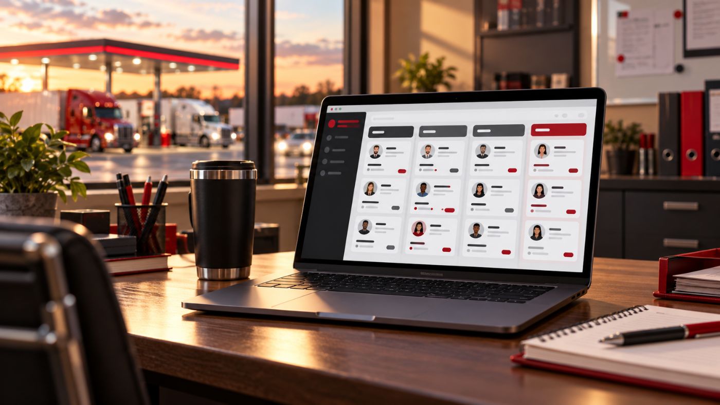 Laptop on a manager desk showing a hiring dashboard with candidate cards in columns