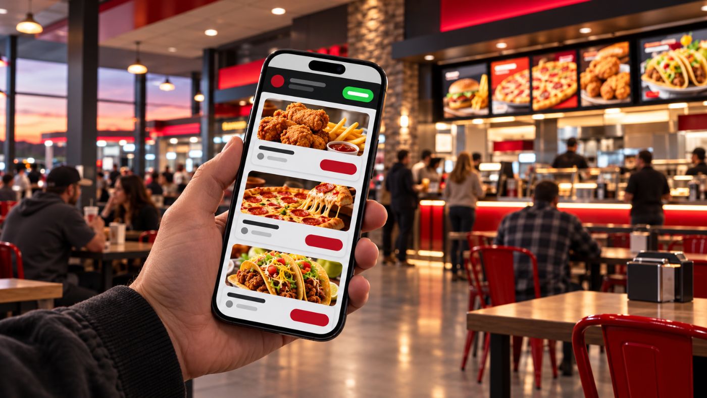 Smartphone showing a travel center food menu website in a food court